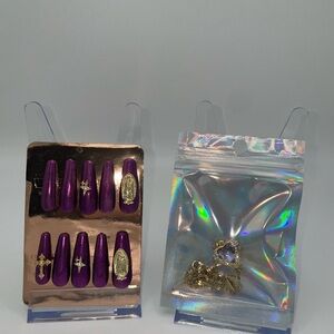 Purple Press-On Nails with Gold Accents, Gold Purple Heart Necklace